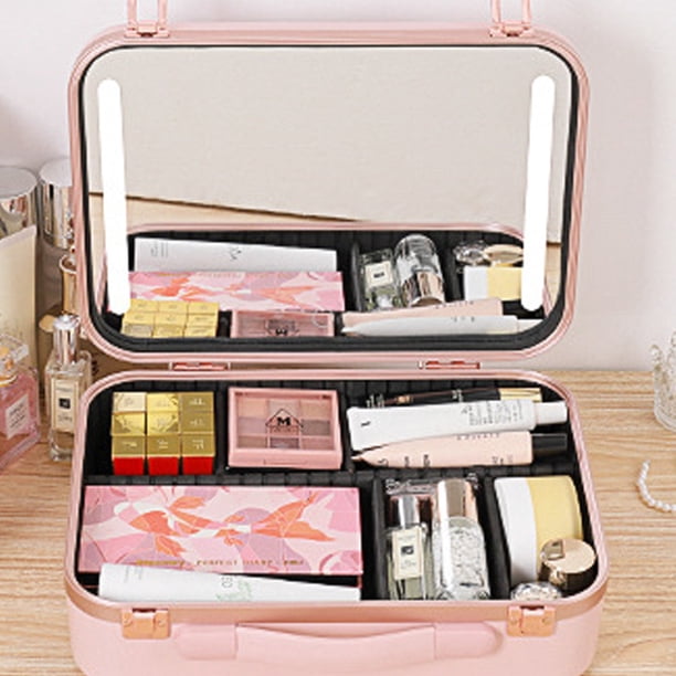 Estuche Cosmético Bolso de cosméticos para mujer con espejo LED Luz PU Bolsas de almacenamiento de gran capacidad (Rosa)