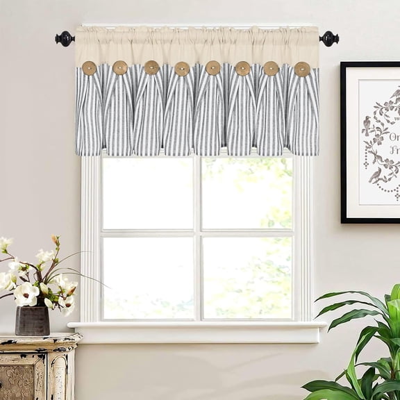 Cotton Linen Farmhouse Kitchen Valance Curtains Boho Rustic Button Valances Natural and Dark Grey Stripe Color Block Window Valances Rod Pocket Small Window Curtain for Cafe Bathroom Bedroom Drapes