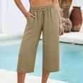 thumbnail image 5 of Petite Capris Pants for Women Cotton Linen Casual Summer Straight Wide Leg Loose Pull on Below Knee Drawstring Elastic Waist Cropped Trouser Khaki L, 5 of 5