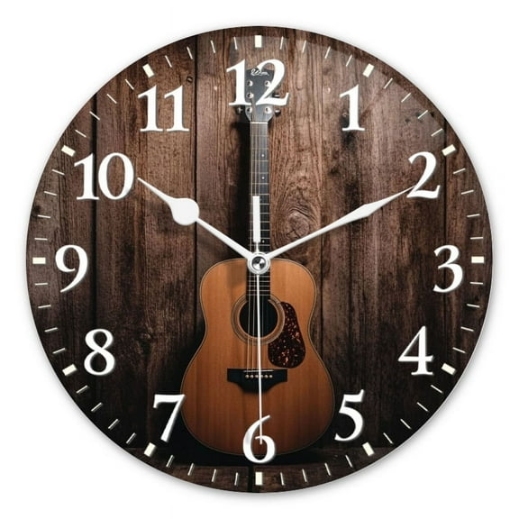 Personalized Wall Clock Non-Ticking Silent Clocks Battery Operated Round Clocks Decorative for Bathroom,Office-Acoustic Guitar On Wooden Floor(16inch)