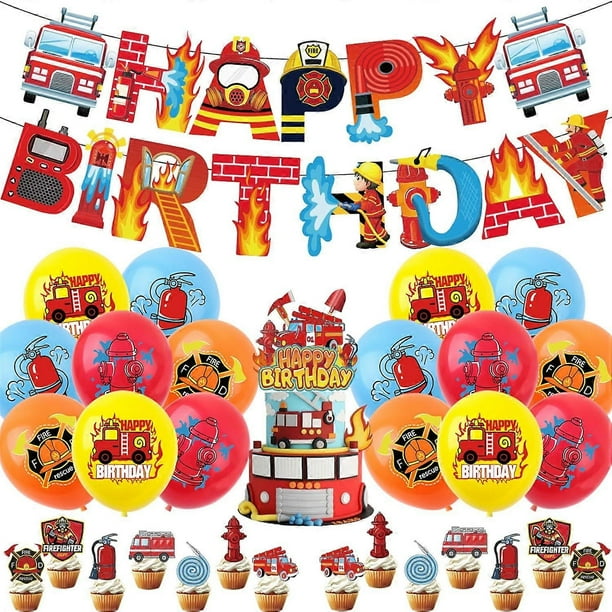 Fire Truck Birthday Party Supplies Including Fireman Happy Birthday Banner Cake Topper Cupcake Toppers Balloons Fire Truck Theme