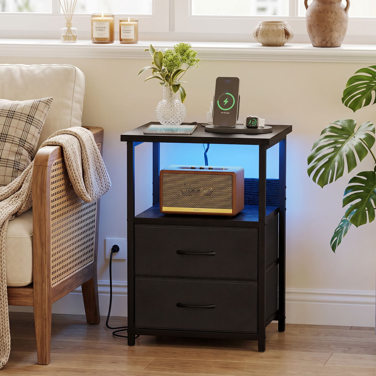 RGB LED Nightstand with Charging Station, 2 Fabric Drawers and Open Shelf, Particle Board and Steel Frame Bedside End Table for Bedroom