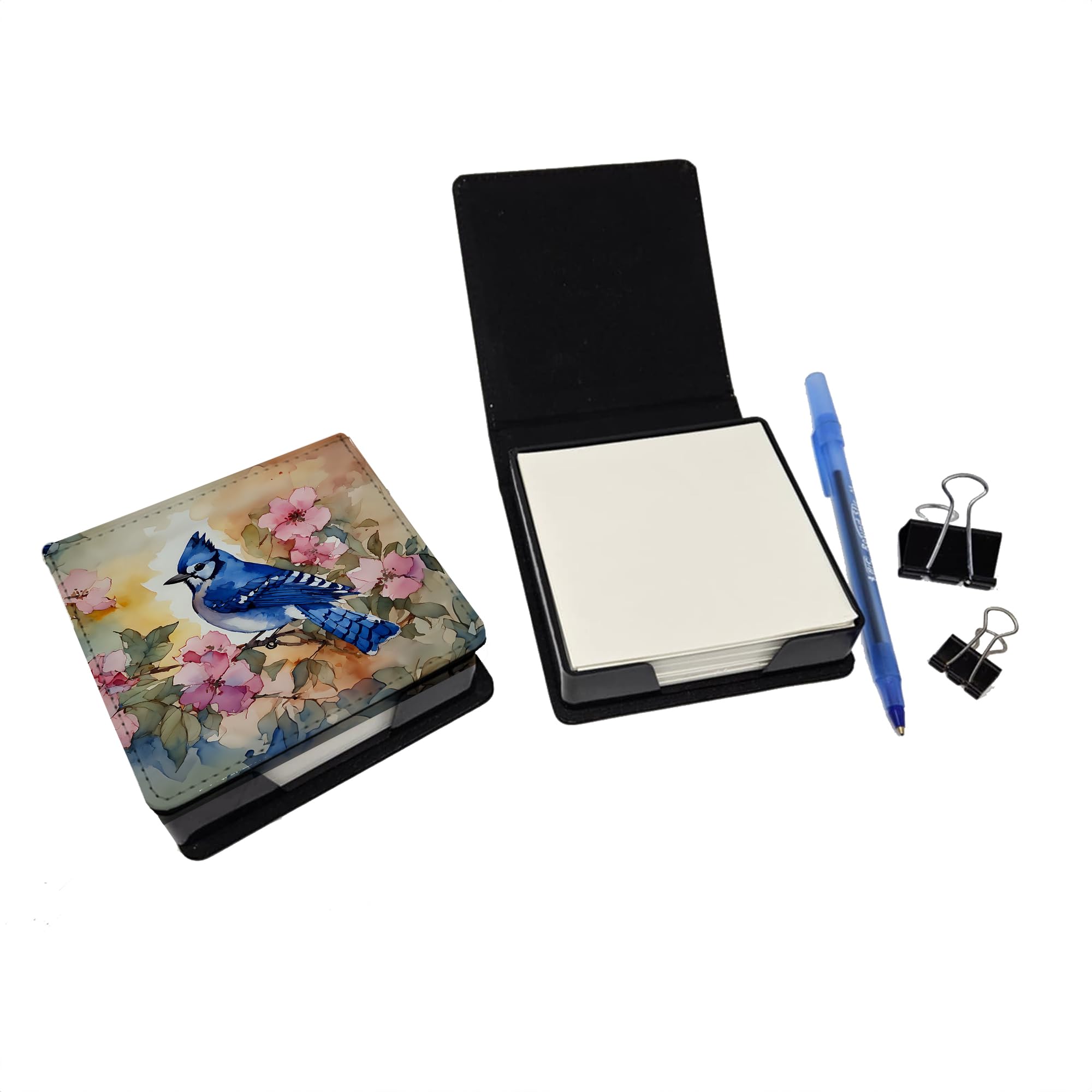 Caroline's Treasures Blue Jay PU Leather Note Paper Holder with Artist-Designed Cover, Desk Accessory, Office Gift