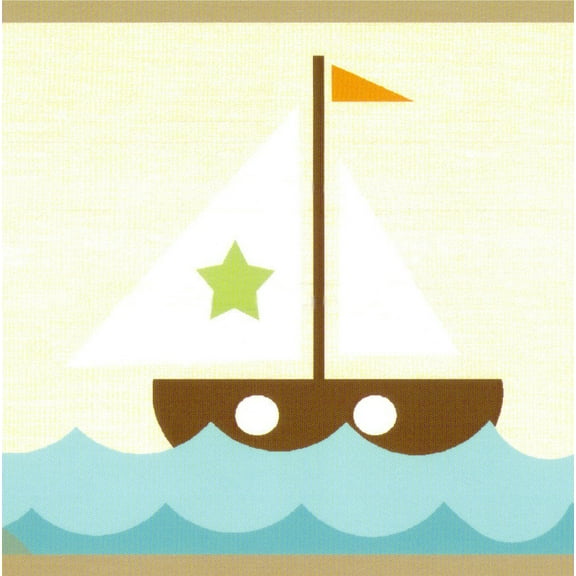 Dundee Deco Prepasted Wallpaper Border - Kids Orange, Teal Sailboat, Sea, Lighthouse, 15 ft x 6 in