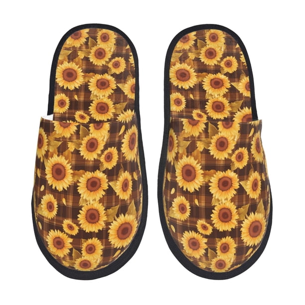 Fotbe Vintage Brown Plaid Sunflower Pantuflas Peludas para Mujer con Estampado, Zapatillas de Peluche, Zapatos de Invierno para Casa, Uso Interior y Exterior-Large
