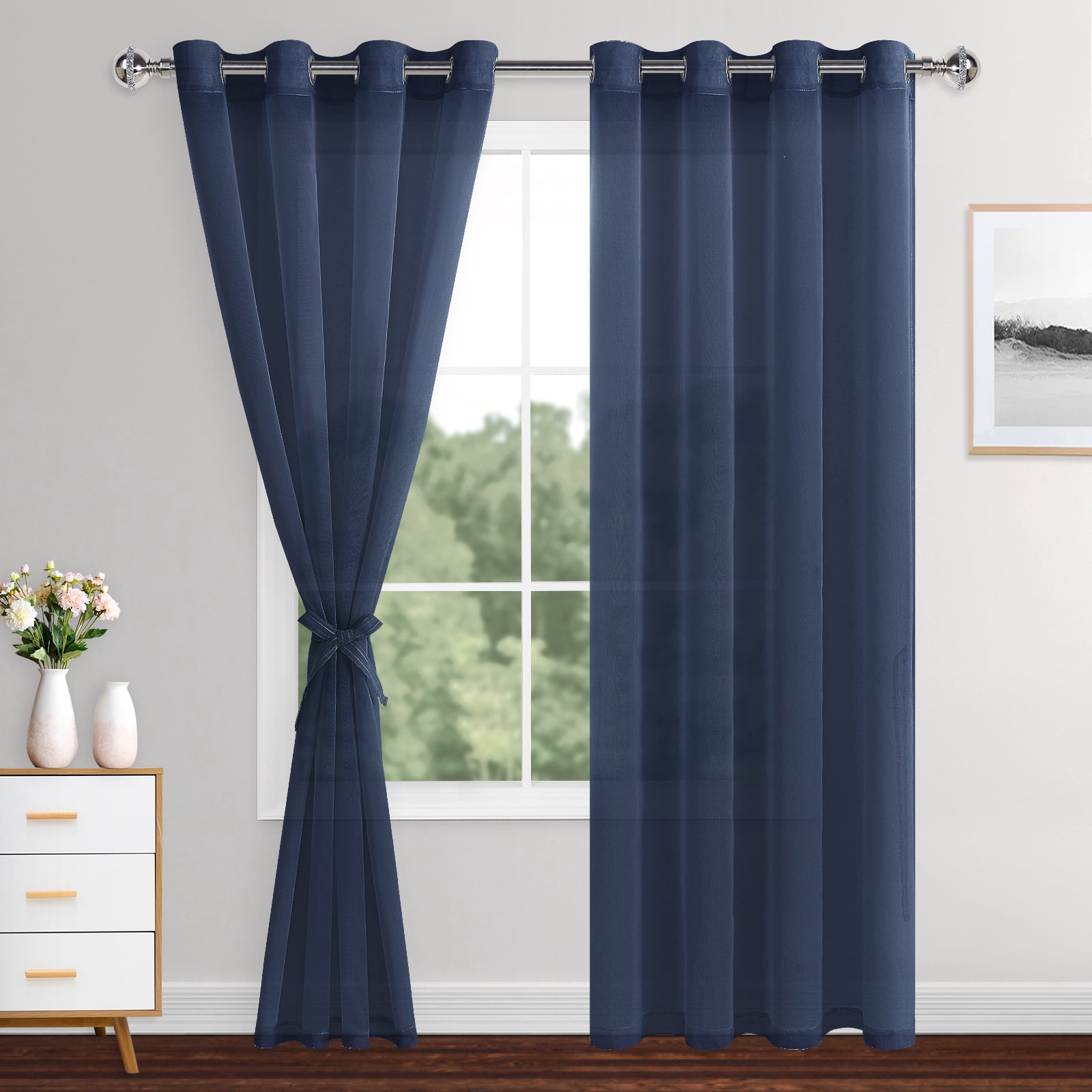 XWZO, Navy Blue Sheer Curtains, W52 x L84, 2 Panels Set - Walmart.com