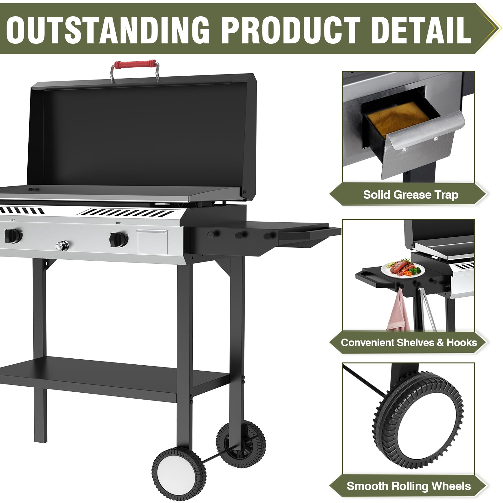 Frizi 2 Burner Gas Stove with Griddle, 150,000 BTU Propane Stove with Auto Ignition & Regulator, High-Pressure, Cast Iron