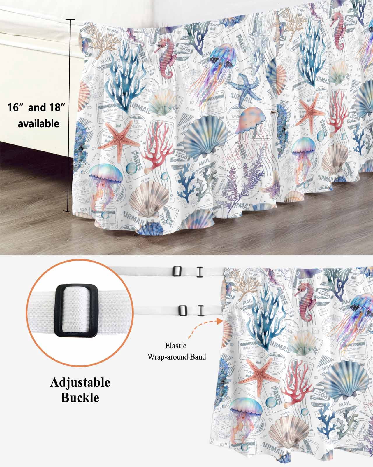 Blue Coastal Wrap Around Bed Skirts for California King Bed 18" Drop,Bed Skirt with Adjustable Elastic Belt Dust Ruffle Bed Valance for Bedroom Summer Coral Shell Sea Beach Nautical Bed Frame Cover