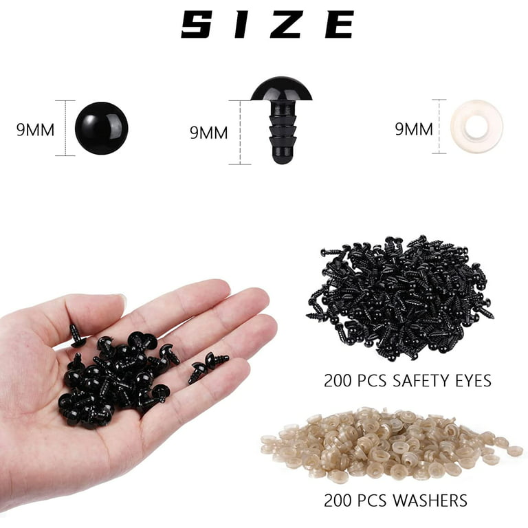 200 Pcs 9mm Safety Eyes for Crochet Plastic Black Safety Eyes for with  Washers