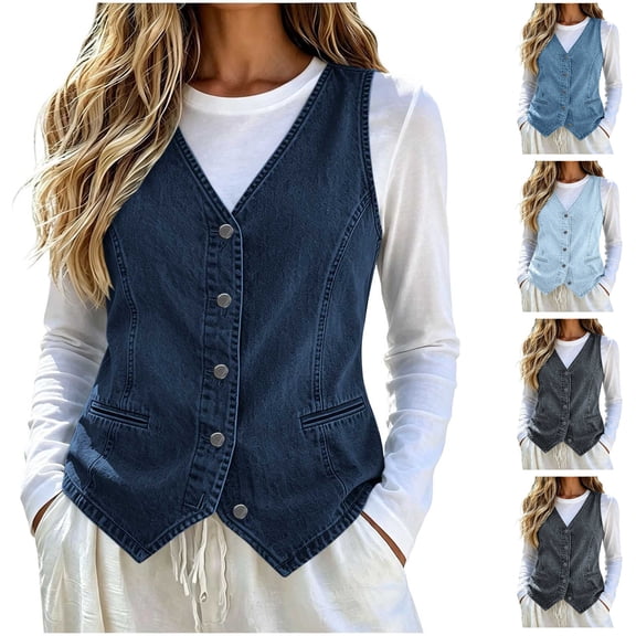 Women Solid‑Color Denim V‑Neck Button‑Front Sleeveless Vest, Fringe‑Hem Outer Gilet for Spring Winter Home Travel Daily Casual Layered Outfits Navy XL