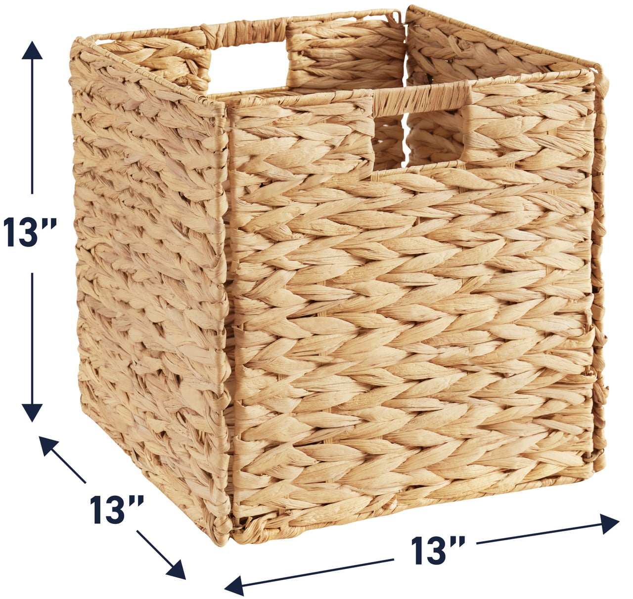 Ornavo Home 13 x 13 Inch Water Hyacinth Baskets Set of 6 – Handwoven Collapsible Wicker Storage Cube Bins with Handles for Bathroom, Bedroom, Laundry and Pantry - Natural