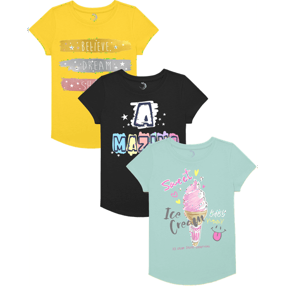 Girls 3-Pack Short Sleeve Graphic Tee, Assorted Colors T-Shirt, Cotton/Poly Blend, Sizes 4-18