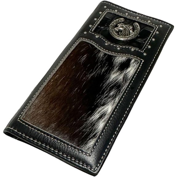 Mens Long Wallet Black Leather Soft Leather Cow Hair Checkbook Style Cowboy Hand Crafted High End Mens Wallets Leather Horse Horseshoe Concho