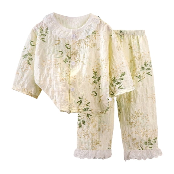 YDFCWXW Girls Cotton Gauze Summer Sets Crew Neck Button Down 2 Piece Lounge Set (Purple, 5-6 Years)