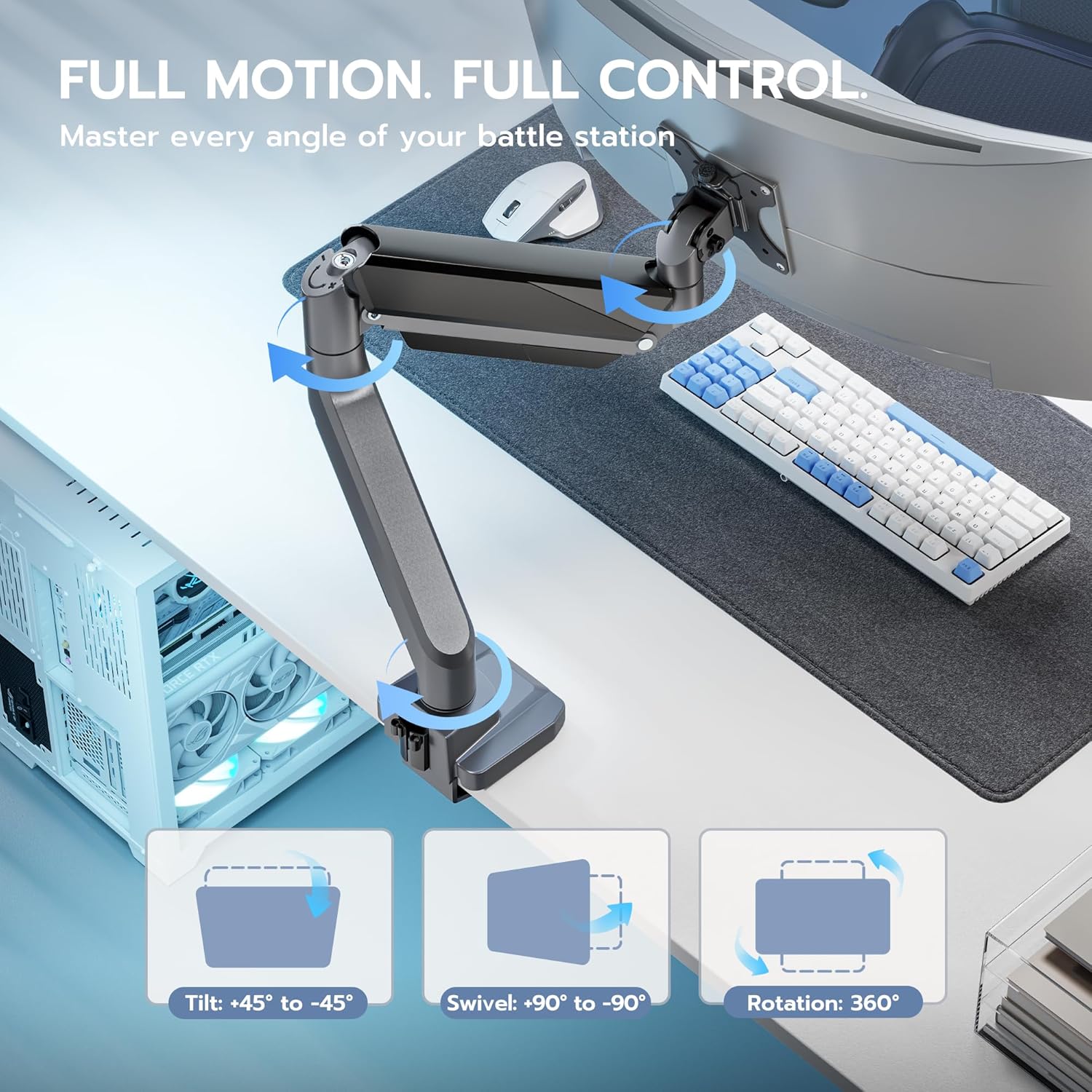 ARES WING Single Monitor Arm with USB, Heavy Duty Adjustable Monitor Arm for 13"-49" Screens, Gas Spring Monitor Arm Desk Mount with Clamp & Grommet Base Holds up to 40 lb, VESA 75x75 100x100, Grey