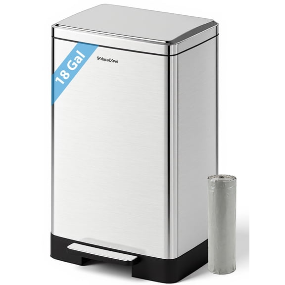 SolaceCove 18 Gallon Trash Can, Stainless Steel Kitchen Step Trash Can or Recycling Bin, Wide Step-On Pedal, Removable Inner Liner, Soft Close, Silver
