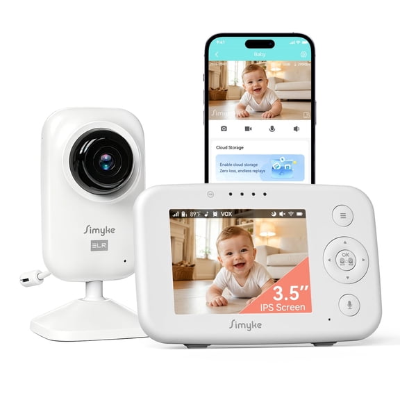Simyke 720P WiFi Video Baby Monitor,WiFi On/Off Switch,3.5" LCD & App Viewing,2-Way Audio,Night Vision,VOX,5 Lullabies,1500ft Range, Home Use