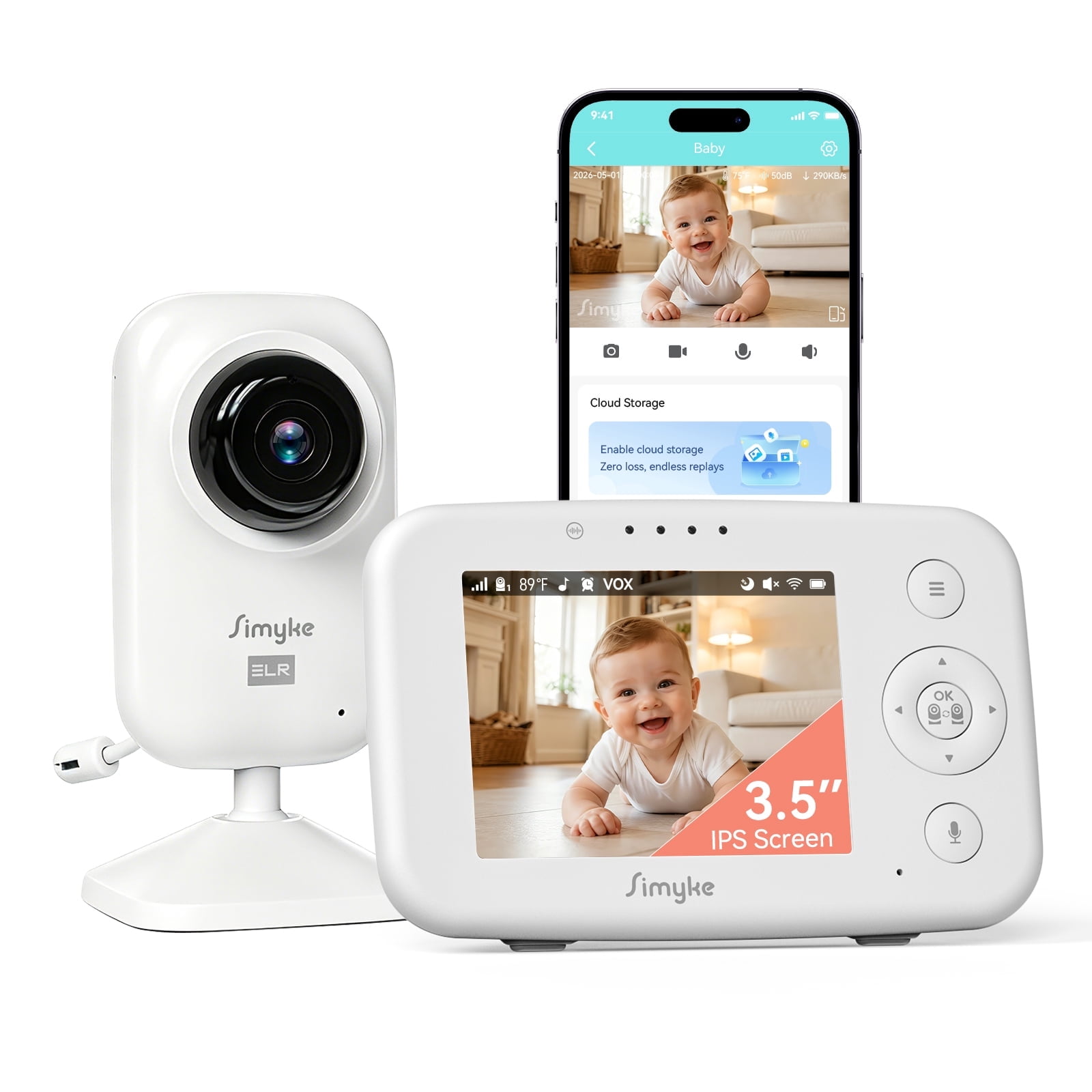 Simyke 720P WiFi Video Baby Monitor,WiFi On/Off Switch,3.5" LCD & App Viewing,2-Way Audio,Night Vision,VOX,5 Lullabies,1500ft Range, Home Use