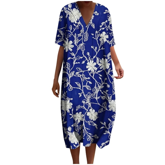 yoeyez Robes d'Été en Lin pour Femmes, Robes en Coton Lin Imprimé Floral Manches Courtes Col en V Robe Ample Vacances Plage Soleil Robe Bleue,5TG