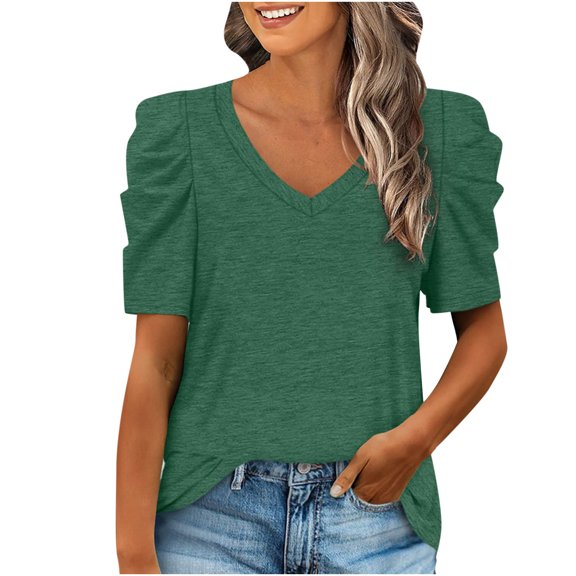 USSUMA Womens Summer Shirt V Neck Casual Tshirts Puff Sleeve Tops for Women Solid Color