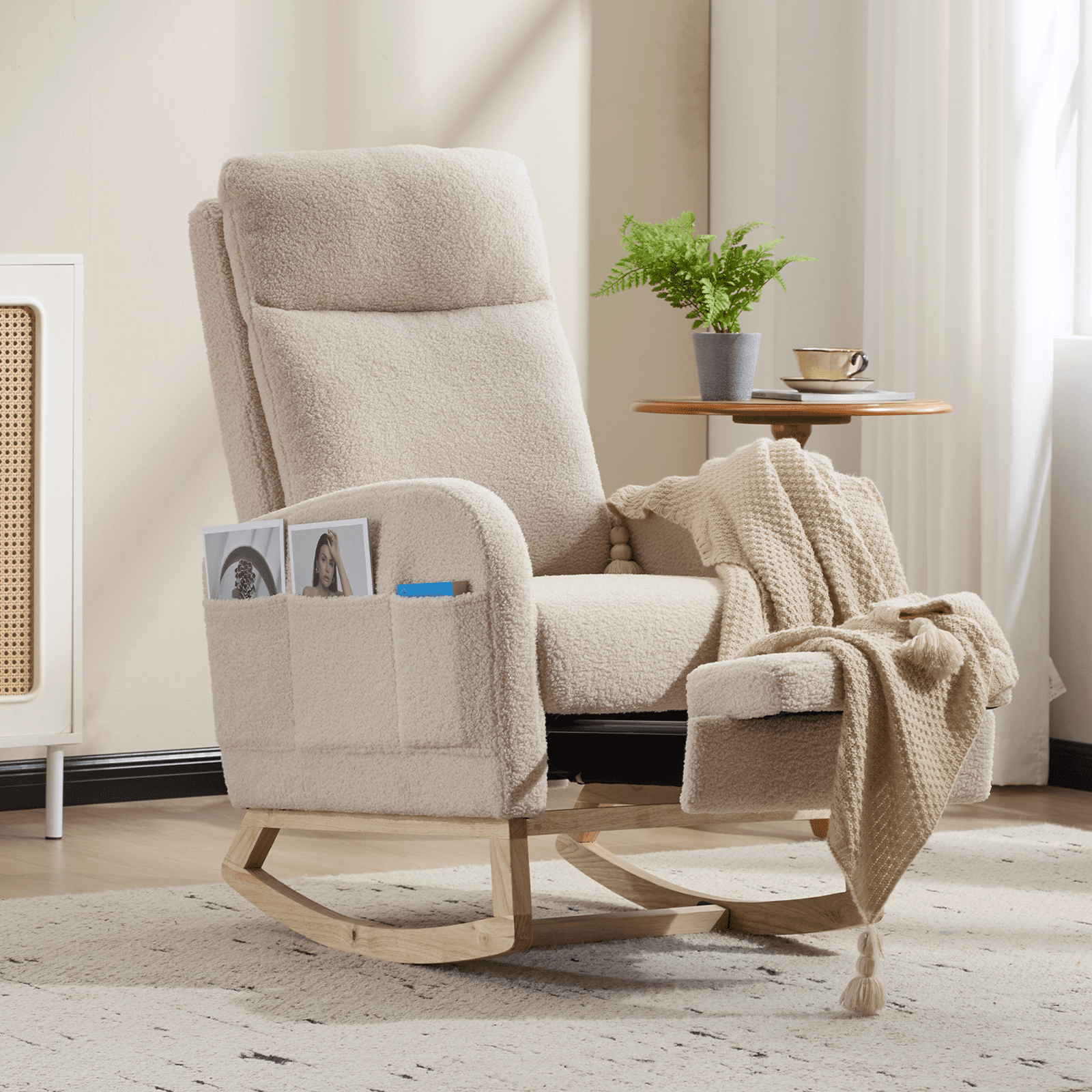 Nursery Rocking Chair,Modern Upholstered High Back Glider Armchair,Comfy Rocker with retractable footrest and Headrest, Side Pocket Accent Chair for Living Room/ Bedroom （Teddy）BEIGE