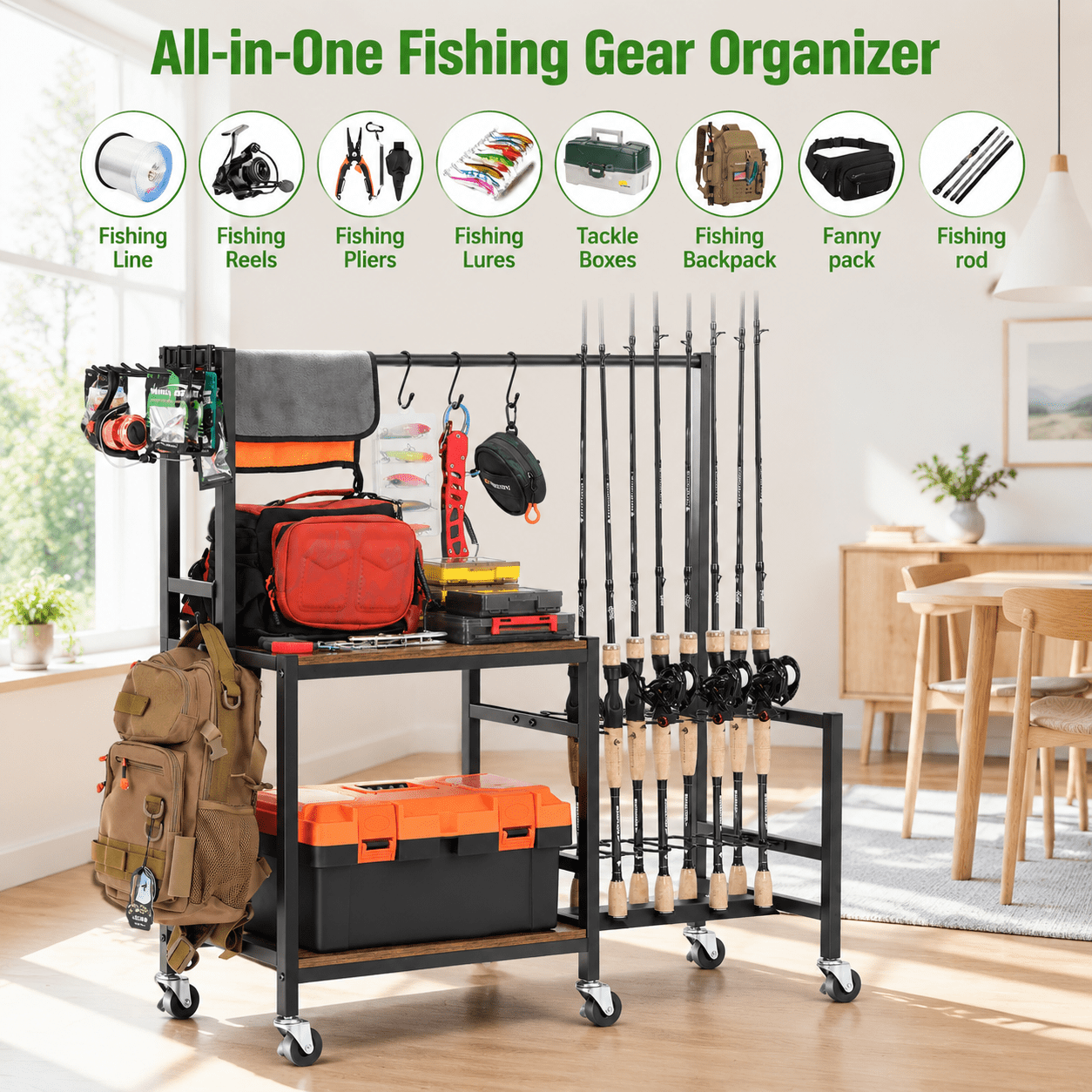 Brown 16-Pole Fishing Rod Rolling Rack Cart with Storage Shelves