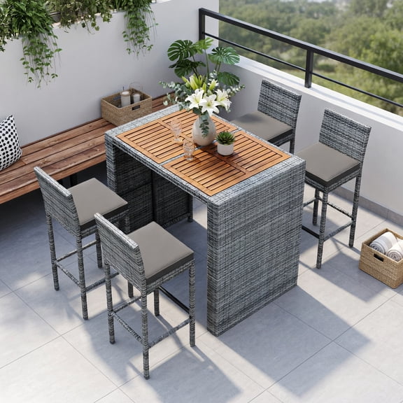 Demi Bonn 5-Piece Outdoor Patio Bar Set, Acacia Wood Table Top, Gray Wicker Bar Chairs with Non-Slip Feet, Removable Cushions & Ergonomic Design for Patio, Balcony, Poolside