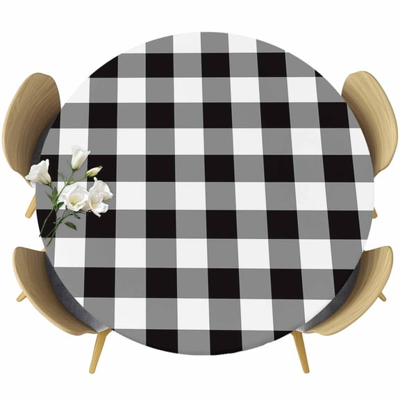 Black and White Checkered Fitted Tablecloth with Elastic Edged, Round Table Cloth for Dining Table, Farmhouse Buffalo Plaid Waterproof Oil Proof Table Cover for Indoor Outdoor 55"-60"