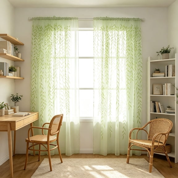 Willows Leaf Print Sheer Voile Curtain Panel Light Filtering Window Drape For Living Room Bedroom Balcony Door Decor,Green