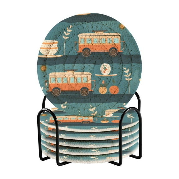 Cars Coffee Oranges 6 Pcs Drink Coasters with Holder Absorbent Coasters Woven Coasters for Drinks Table Desk Protection Home Decor