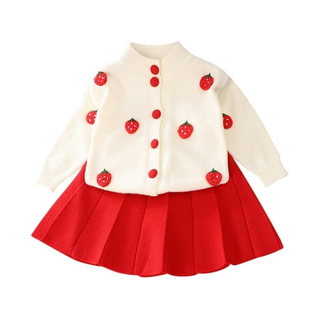 

Girls Sweet 2 Piece Set with Long Sleeve Fruit Graphic Cardigan and Pleated Skirt Set 2 Birthday Dress Girl Ruffle Dress Thanksgiving Dresses Party Games Family 4t Girls Outfits Big Sister Dress Baby