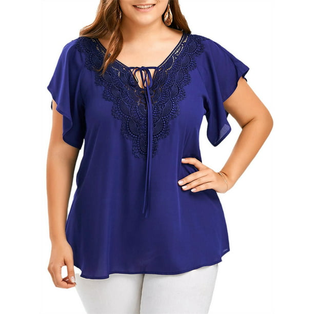 NGMQ Lace Patchwork Plus Size Women V-neck Tops Summer Blouse - Walmart.com