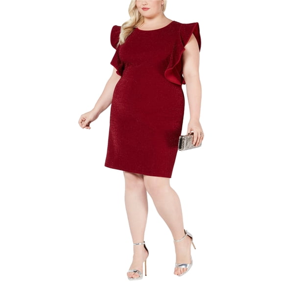 Love Squared Womens Glitter Sheath Ruffled Dress, Red, Plus Size, 1X
