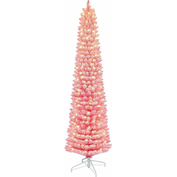 6.5 ft Pre-lit Flocked Fashion Pink Pencil Tree, 356 Tips, 200 UL Clear Incandescent Lights