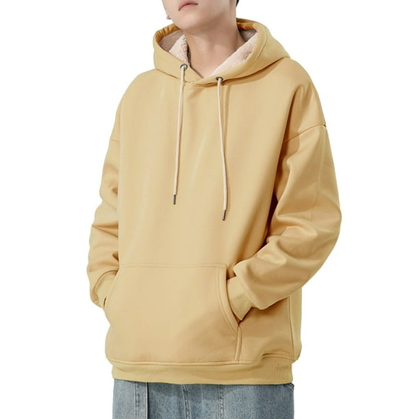 pstuiky camisetas de manga larga para hombre, Sudadera con capucha de piel de cordero para hombre, color liso, terciopelo grueso, manga larga, cordón ajustable y bolsillo Tops casuales para hombres m
