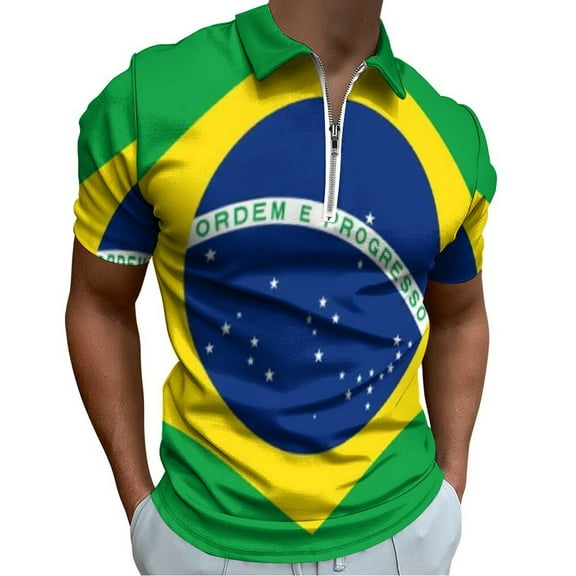 Brazilian Flag Men Zipper T-shirt Summer Casual Short Sleeve T-shirt Top