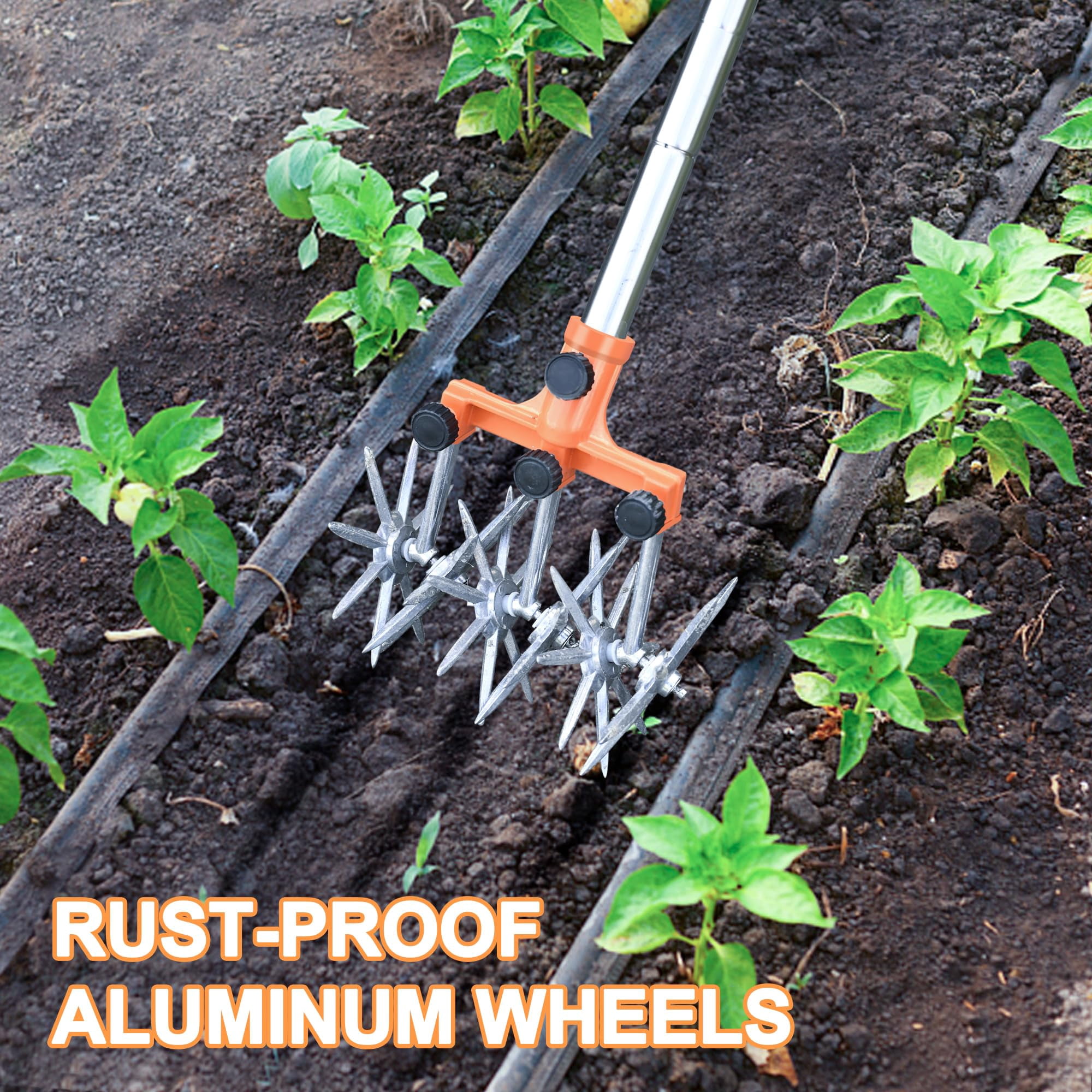 Rotary Cultivator Garden Tiller Adjustable Stainless Steel Poles Hand For Soil Mixing Or Reseeding Grass Lawn Total Length 57 Inch