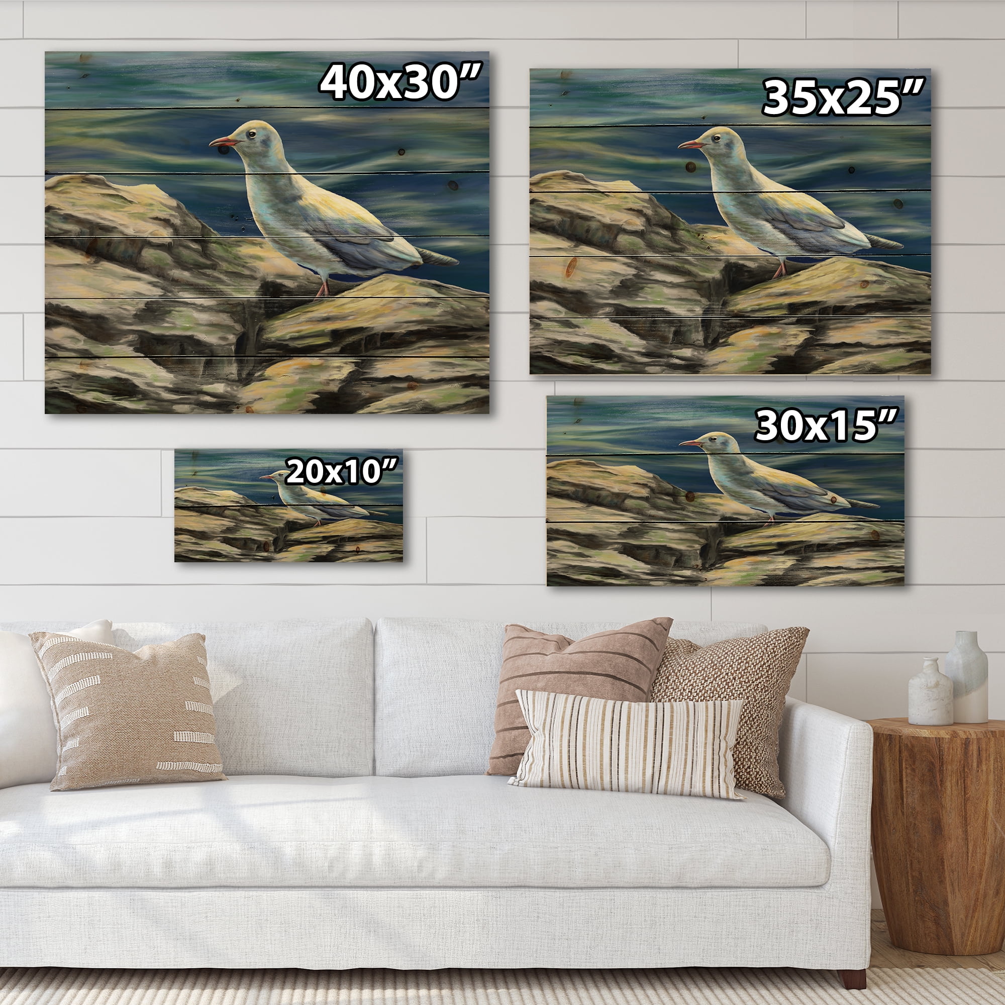 Designart 'Portrait of Seagull Birds By The Sea' Nautical & Coastal Print on Natural Pine Wood