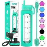 32 oz Glass Water Bottle with Time Marker Reminder and Silicone Sleeve (Seafoam+BRUSH+EXTRA LID) - Reusable, Wide Mouth, Leakproof, Glass Drinking Bottle, Motivational Water Bottles for Hydration