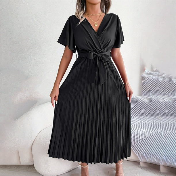 Vestido De Mujer Primavera verano vestidos casuales cinturón vestido femenino para cóctel (negro XL) Ygjytge para Mujer Negro T L