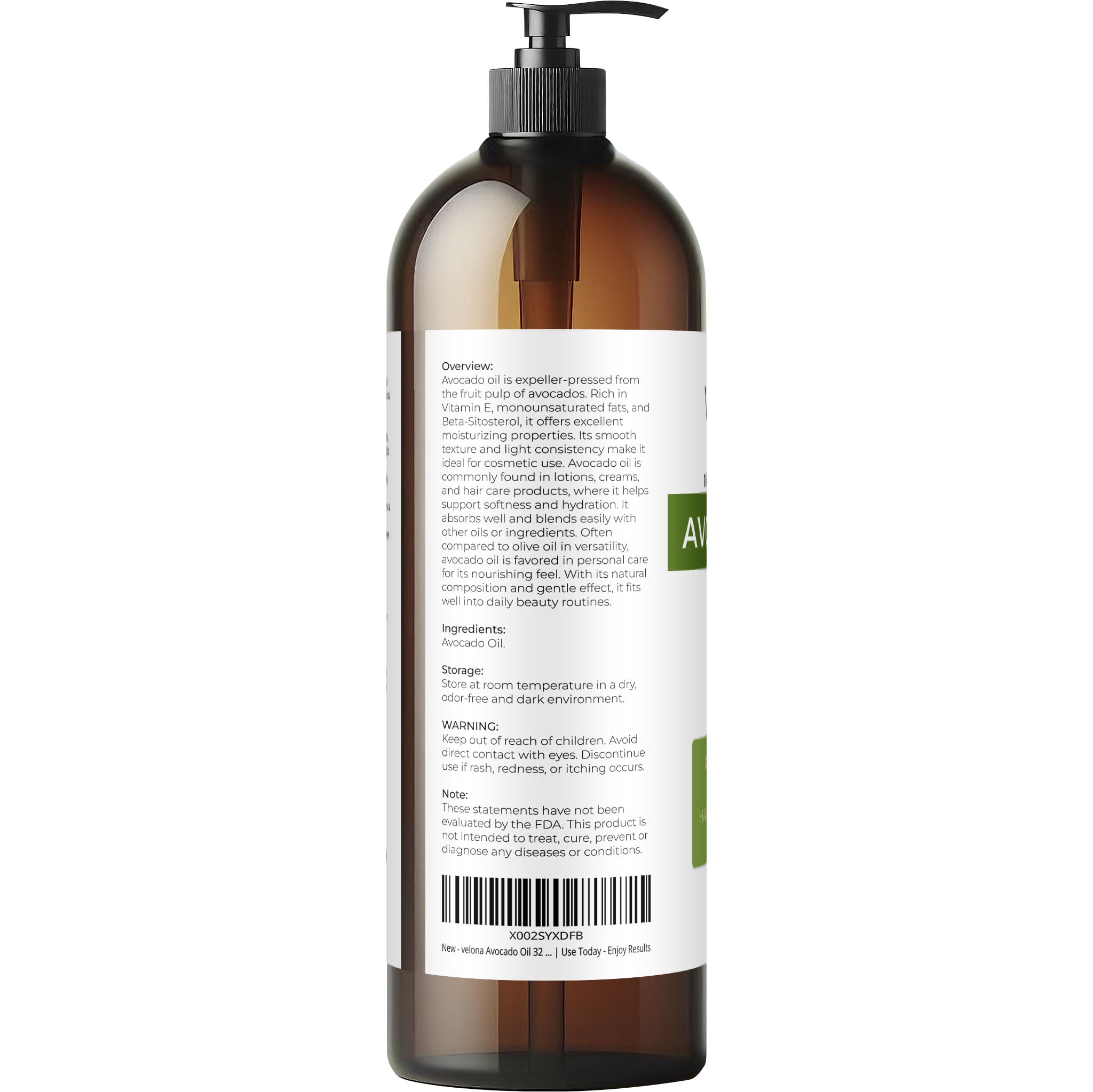 Velona Avocado Oil 32 Fl Oz | 100% Pure and Natural Carrier Oil | Expeller-Pressed | Hair, Body and Skin Care | Use Today - Enjoy Results