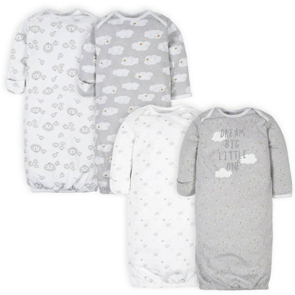 Gerber Baby Gender Neutral Long Sleeve Gown, 4 Pack, Size Preemie - 0-6 Months