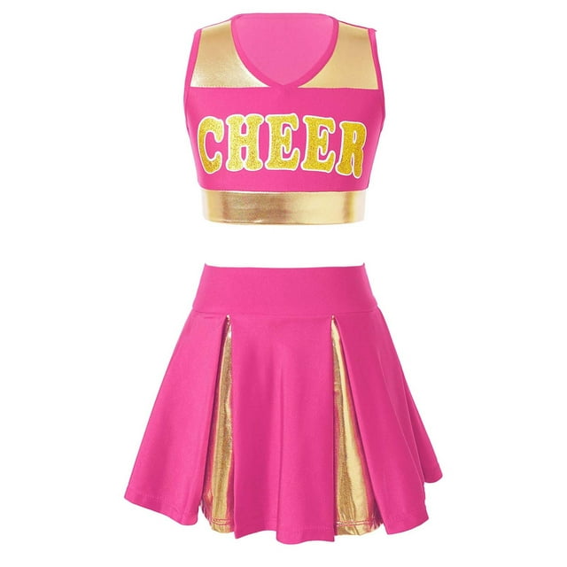TiaoBug Uniforme de Cheerleading pour Filles, Haut Court Sans Manches avec Jupe Plissée, Rose Vif 12