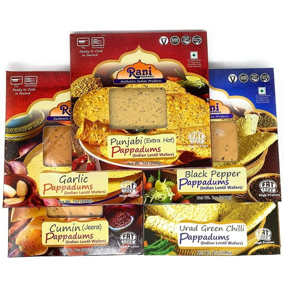 Rani Pappadums (Indian Lentil Wafer Snack) 5-Variety Papad Pack (Plain, Garlic, Cumin, Extra Hot, Black Pepper) 7oz (200g) Approximately 15pc, 7 inches ~ All Natural | Gluten Friendly | NON-GMO