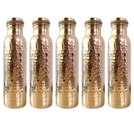 

Sreenidhi EXIM Set of 5 Hammered Copper Water Bottles 32.5 oz each | Ayurveda Health Benefits | Detoxifies Body Improves Digestion & Immunity