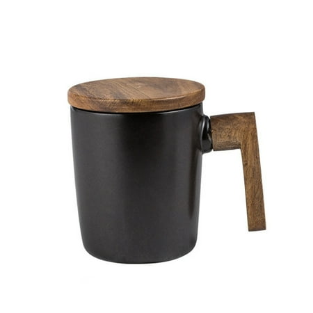 

Wooden Handle with Cover Coffee Cup Lovers Coffee Mugs Ceramic Coffee Mug Cup Set Wooden Coffee Cup Black