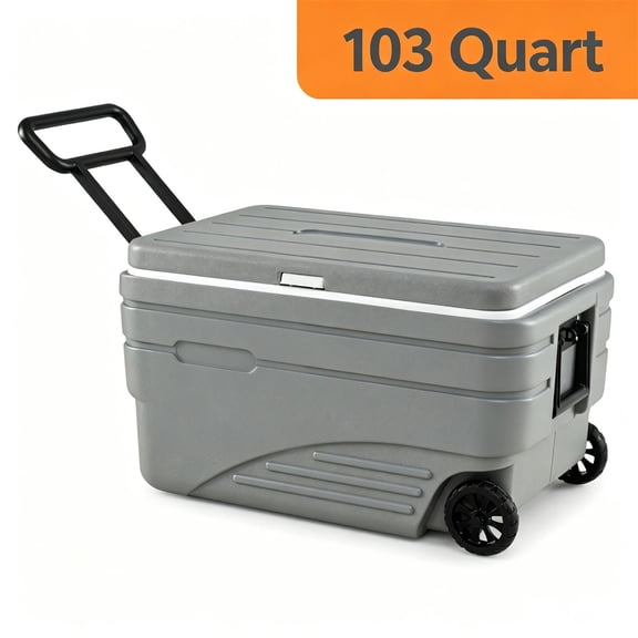 FENGFAN 103 QT Hard Ice Cooler Wheel Portable Ice Chest PU Insulation 330 LBS Seat Support Leak Proof HDPE Gray Single Cooler Pack
