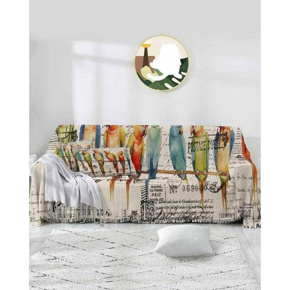 Parrots Beige Sofa Covers for 3 Cushion Couch,Washable Sectional & L Shape Couch Covers for Dog/Cat/Kid,Vintage Colorful Tropical Animal Bird Newspaper Non Slip Sofa Slipcover Futon Cover 71x150