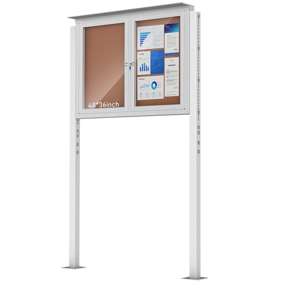 Enclosed Bulletin Board 48 x 36 in with Stand, Outdoor Weatherproof Cork Notice Board with Aluminum Frame and Steel Pole, Lockable Freestanding Display Case for School, Park and Community