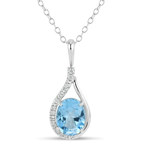 Oval Ice BlueTopaz And Round White Topaz Swarovski Genuine Gemstone Sterling Silver Rhodium Pendant Necklace 18 Inches